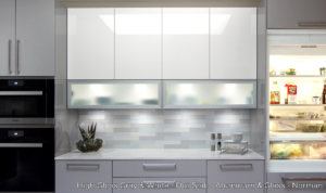 Modern Cabinets in white, grey, and aluminum doors with glass.