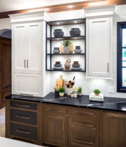 Custom cabinetry with open shelf led lit shelving