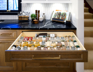 Spice drawer pull out with custom inset cabinetry