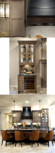 Wire brushed rift cut oak custom cabinetry with flat black venthood