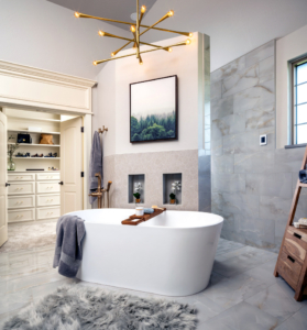 Freestanding tub in front of new shower wall