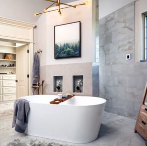 Freestanding tub in front of new walk-in shower wall
