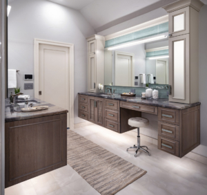 Floating his and hers vanities with quartzite