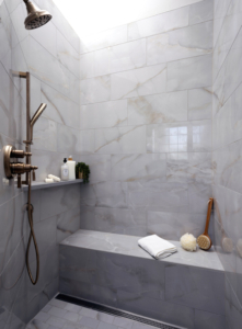 Luxury walk-in shower with heated floor and seat