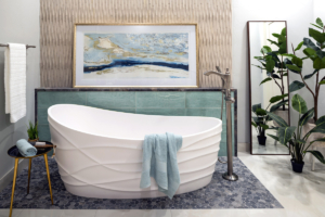 Freestanding wave bathtub with filler.