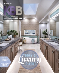 A bathroom remodel, designed and built by Edmond Kitchen and Bath, on the cover of the Kitchen and Bath Business magazine