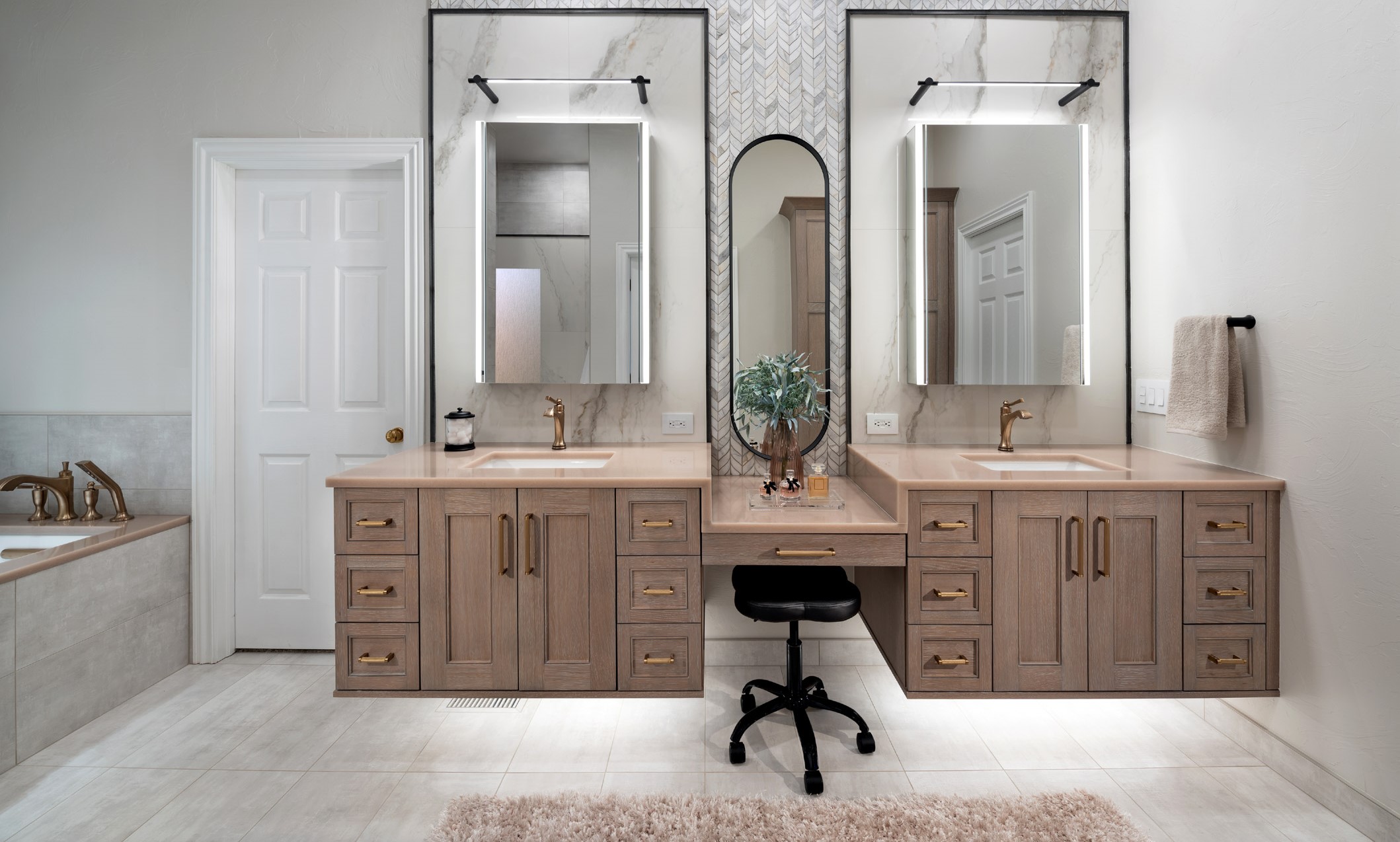 Custom Floating Vanity with integrated lighting and pull out storage