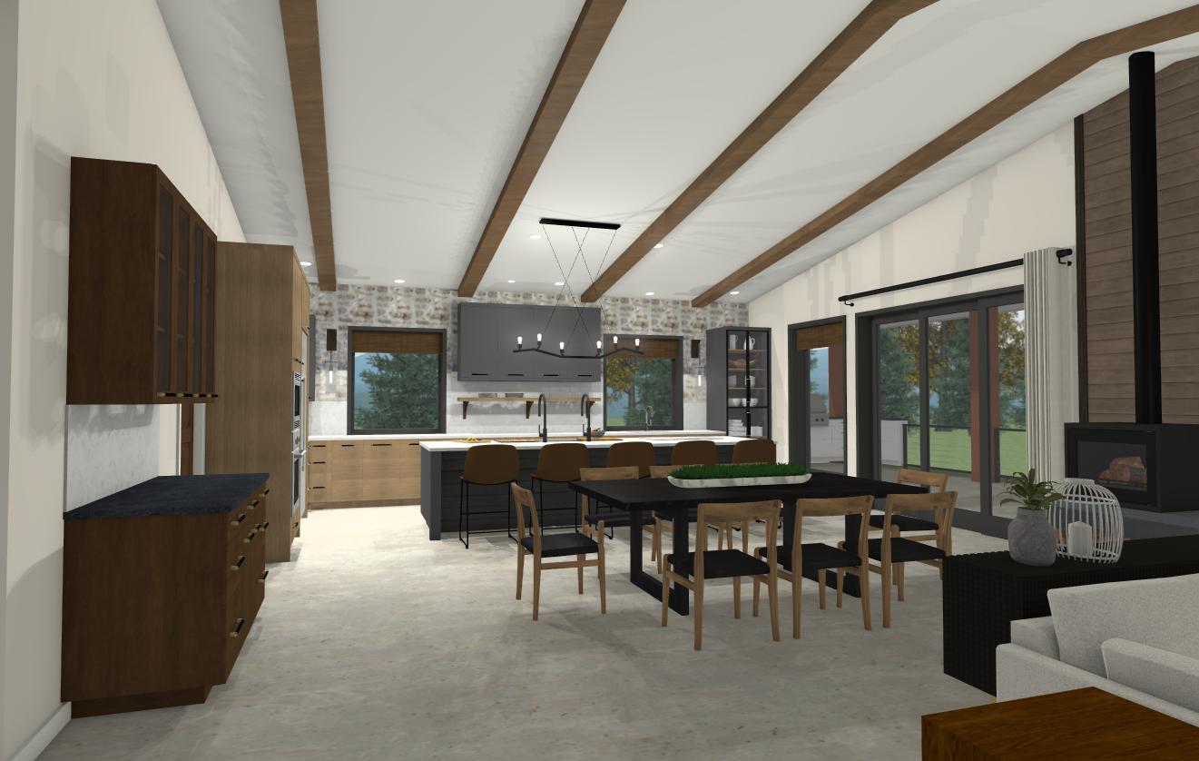 Great room kitchen and living design render by EKB Home. Woodburning stove, vaulted ceiling with beams.