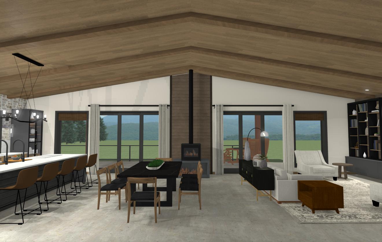 Great room kitchen and living design render by EKB Home. Woodburning stove, vaulted ceiling with beams.