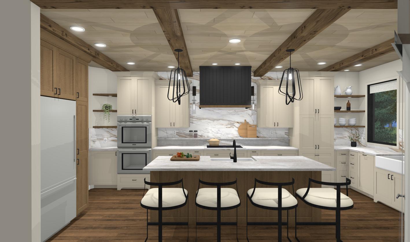 Transitional Kitchen render with beams and sit in island