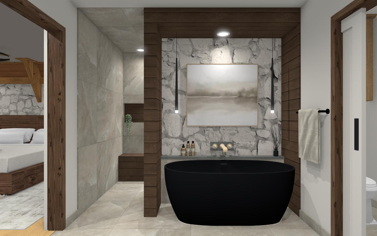 Rustic Master Bath Render with freestanding stone tub
