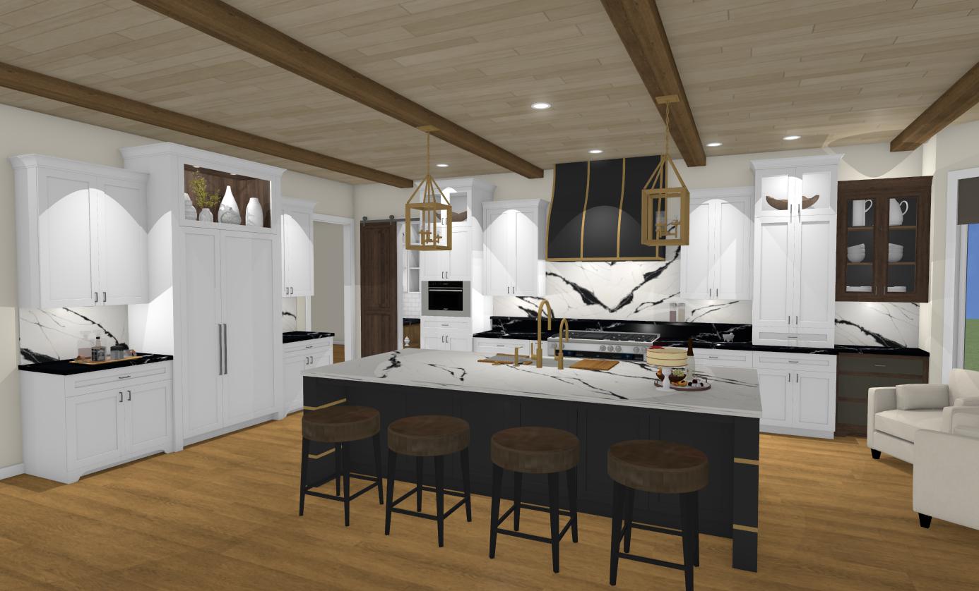 Transitional Kitchen Render with white cabinets, matte black venthood, and ceiling beams designed by EKB Home.