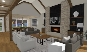 Living room design with stone fireplace and beams
