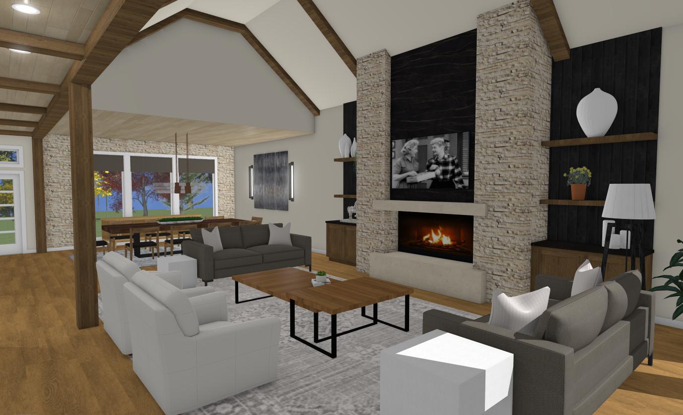 Living room design with stone fireplace and beams