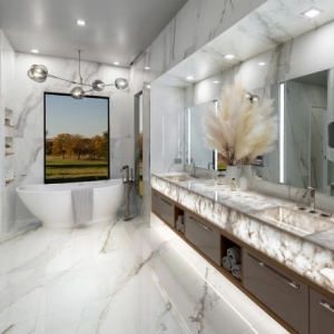 Custom Floating Vanity with 12' wide backlit countertop designed and built for this new home