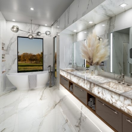Custom Floating Vanity with 12' wide backlit countertop designed and built for this new home