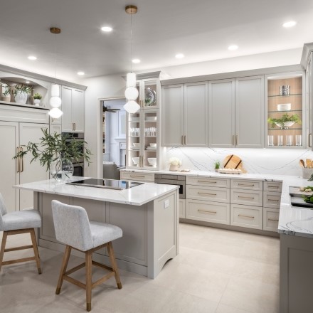 Transitional Kitchen Design we created with off-white cabinetry for this kitchen remodel