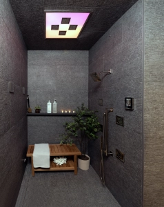 Dark tiles with spa type lighting to provide a welcome shower at the end of the day