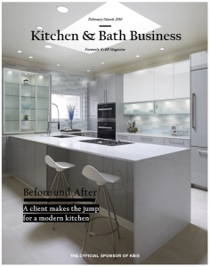 Modern kitchen cabinetry, design and built by Edmond Kitchen and Bath, on the cover of the national Kitchen and Bath Business Magazine.