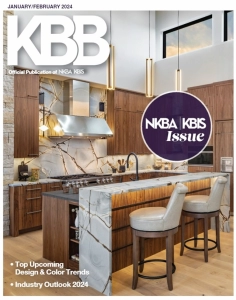 Grain matched walnut custom cabinetry, by Edmond Kitchen and Bath on the cover of the Kitchen and Bath Business Magazine, KBB, at KBIS for the Kitchen and Bath Industry Show, in Las Vegas