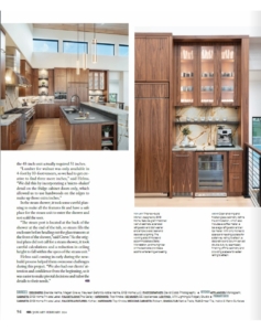 Grain matched walnut custom cabinetry in new construction home inside the Kitchen and Bath Business magazine.