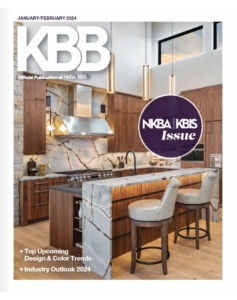 Grain matched walnut custom cabinetry, by Edmond Kitchen and Bath on the cover of the Kitchen and Bath Business Magazine, KBB, at KBIS for the Kitchen and Bath Industry Show, in Las Vegas