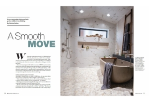 Wet Room bath design with shower and tub inside the Kitchen and Bath Business magazine.