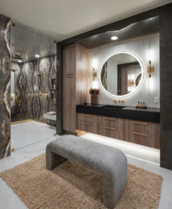 Cabinetry wrapped floating vanity designed for this bathroom remodel