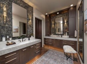 Custom floating vanities designed and built for this luxury bathroom renovation