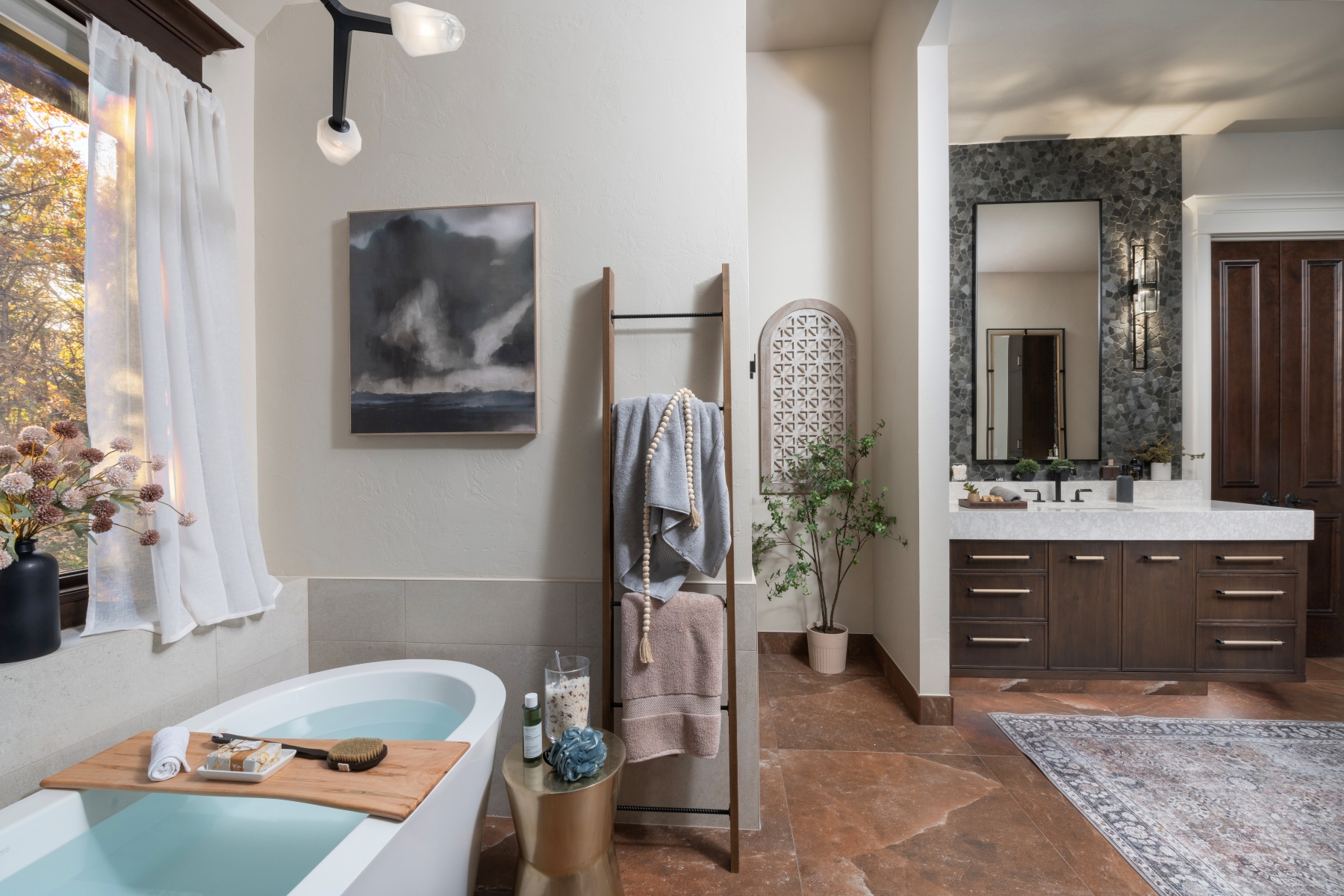 Master Bath Renovation with freestanding tub and floating vanities