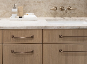 Wall Mount Faucet in Quartz counters set atop our custom cabinetry