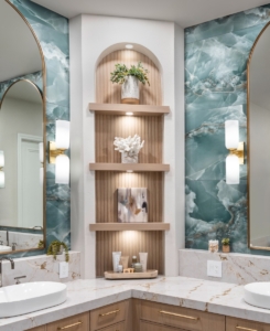 Custom fabricated shelving unit with integrated puck lighting for this bath remodel