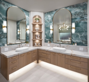 Custom floating vanities with corner shelving in this luxury bath renovation
