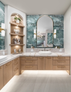 Custom floating vanities with led lighting and corner shelving in this high end bath renovation