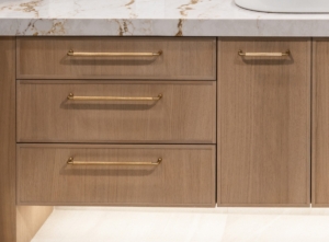 Custom floating vanity designed for this luxury bath remodel in Edmond