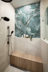 Reeded tile bench with large format tile for this custom shower we designed and built