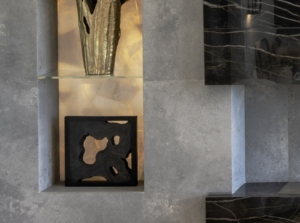 Close up of backlit shelves with glass and quartz