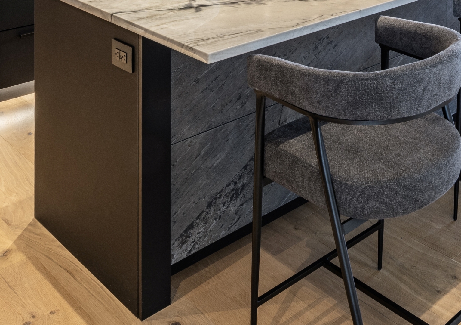 Modern kitchen island with Richielieus' Facestone thin veneer stone cabinetry material