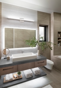 floating vanity with floating shelf and backlit mirror
