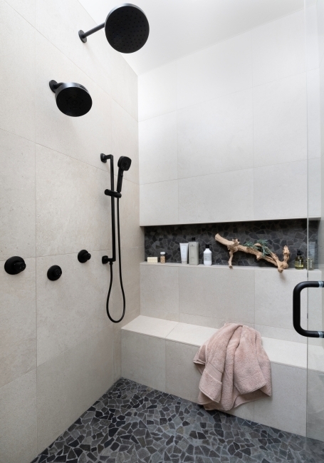 walk in shower with rain can and body sprays and infinity niche