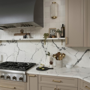 kitchen countertop with shelf and grey venthood