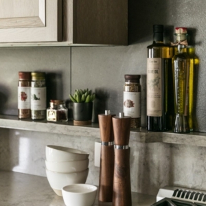 spices and oils sitting on a shelf