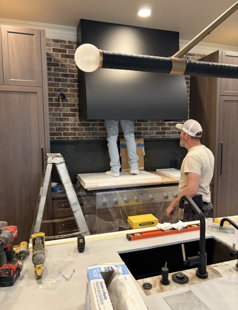 Custom-metal-Venthood-Install-kitchen-remodel Scott and Ryan installing the custom venthood in this luxury kitchen remodel in Oklahoma