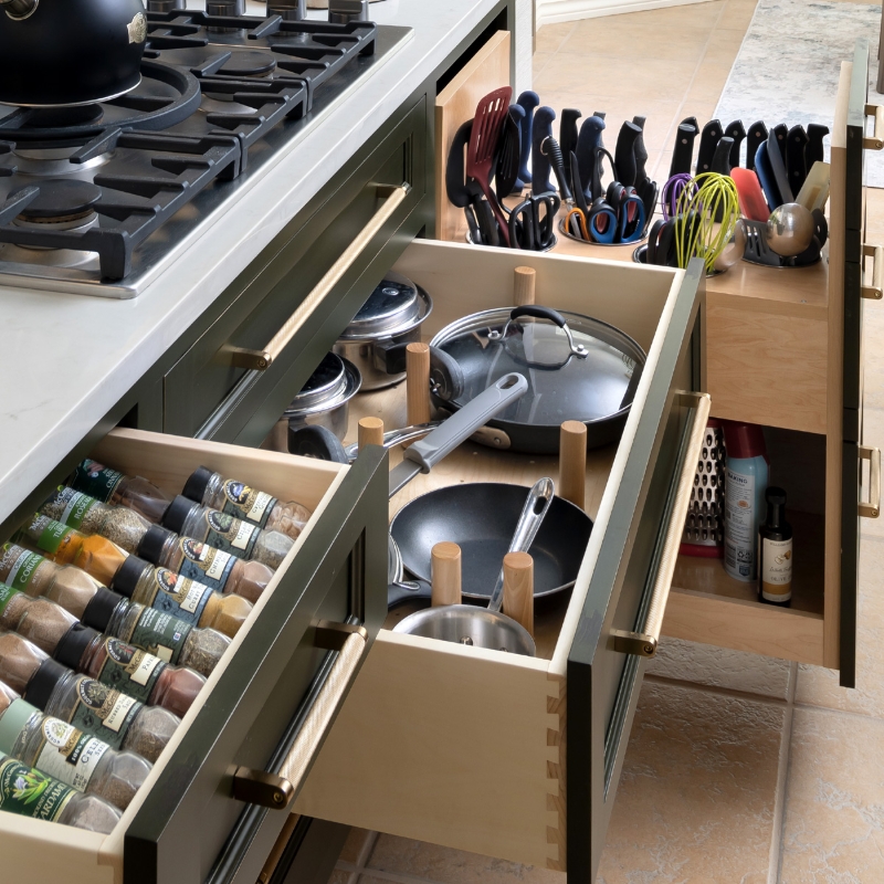 Multiple interior storage drawers were created for this Arcadia kitchen remodel