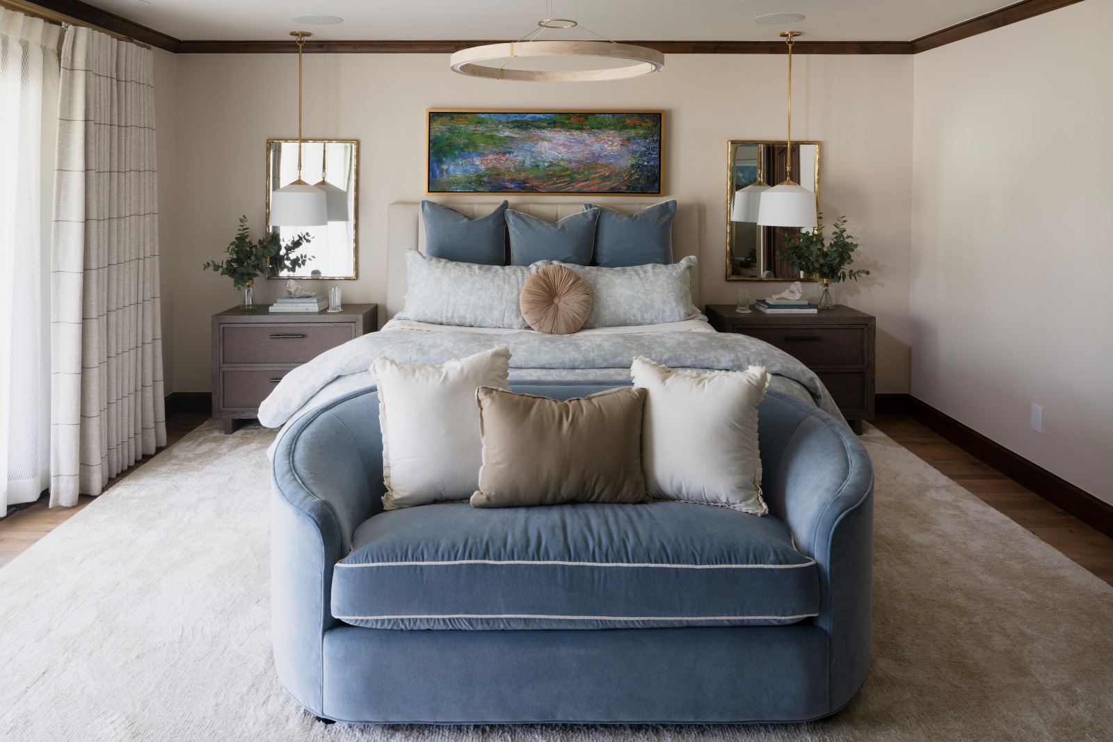 Edmond-master-bedroom-redesign-with-bedside-pendants Remodeled master bedroom with custom lighting and drop pendants.
