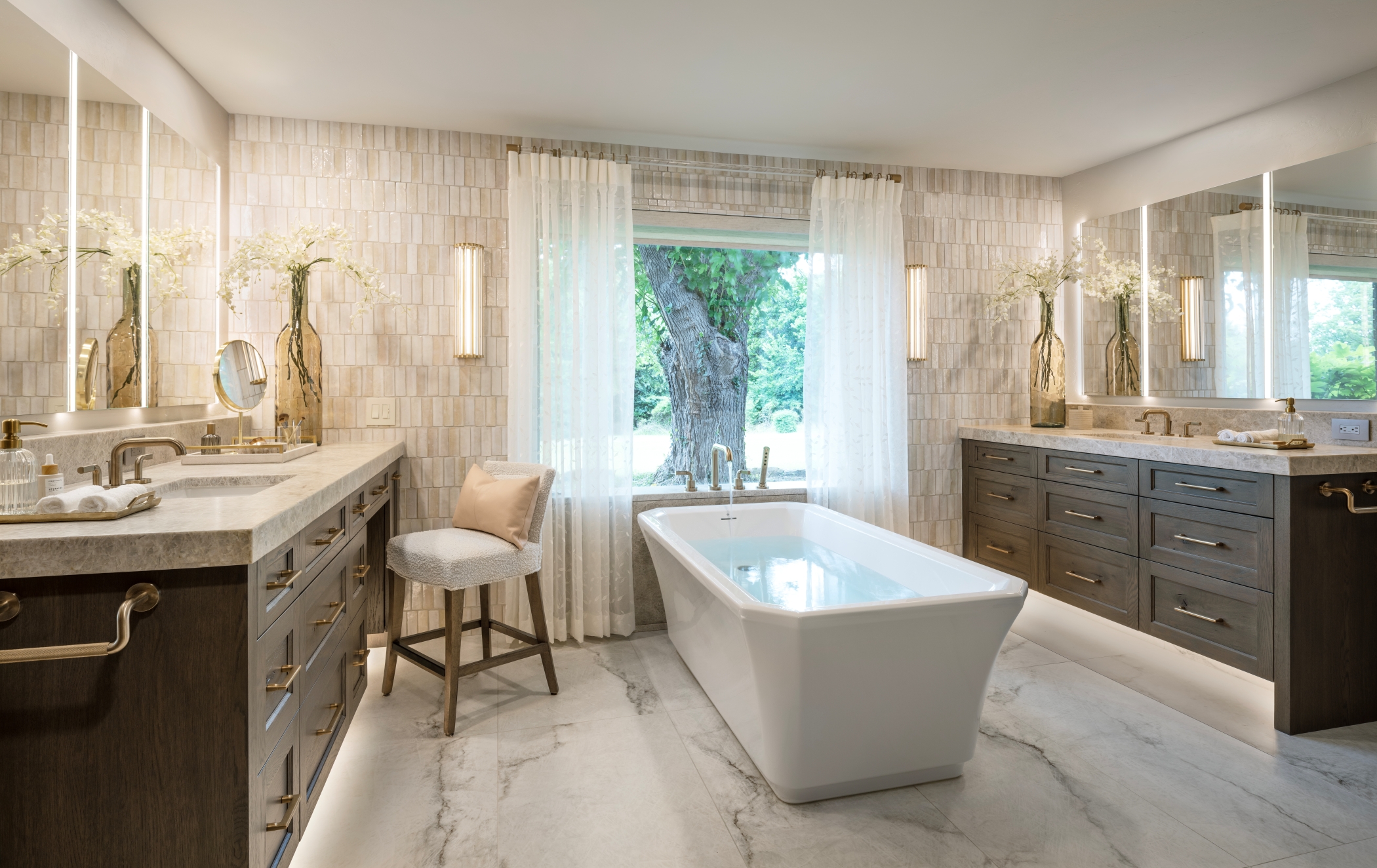 Luxury Master Bath Remodel with floating vanities and freestanding tub - new window and all surfaces - by Edmond Kitchen and Bath LLC