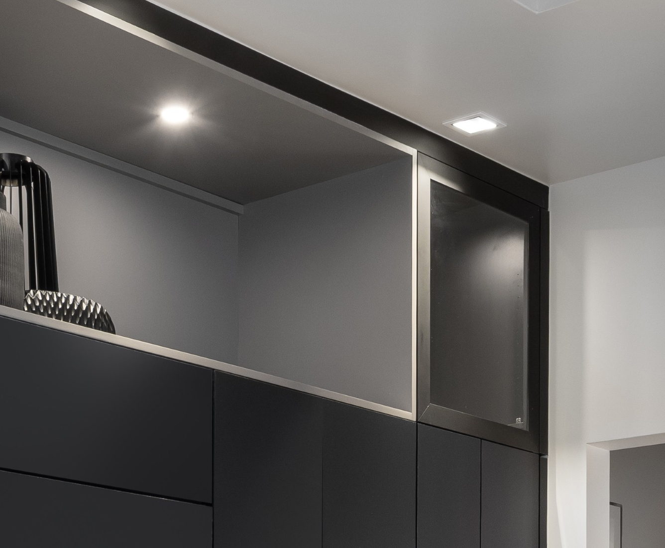Metal door frame with glass was created for this new construction kitchen design in Oklahoma