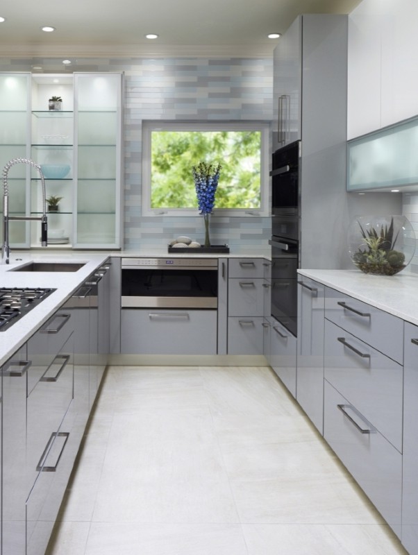 High gloss and aluminum cabinetry designed for this modern Norman kitchen redesign and build