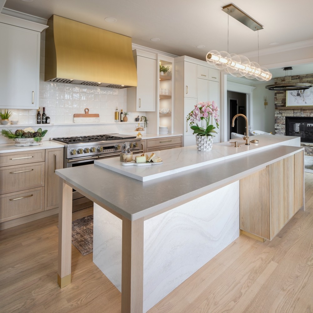 Oak Tree Kitchen remodel with custom gold vent hood by Edmond Kitchen and Bath LLC