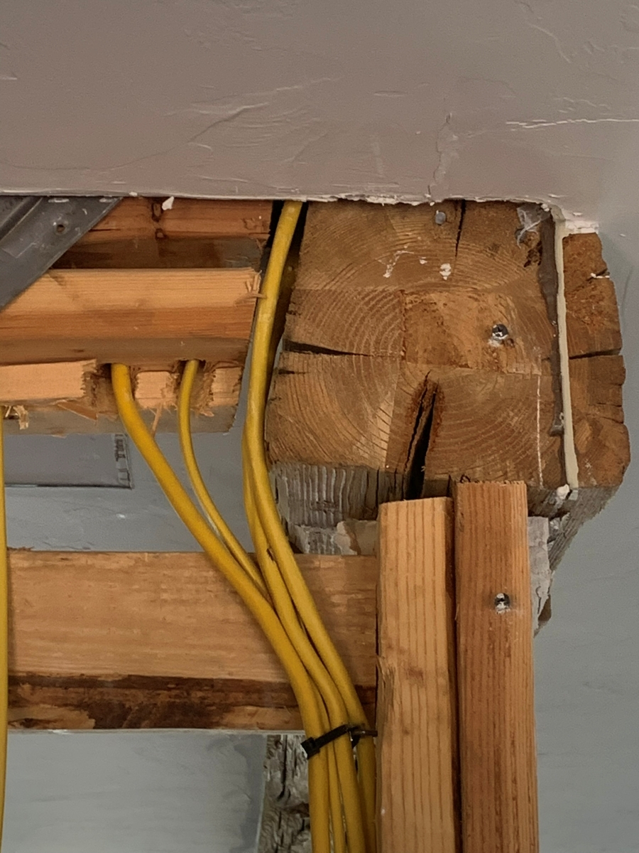 Top Plate cut for wire Electrician in a prior remodel cut an important framing member